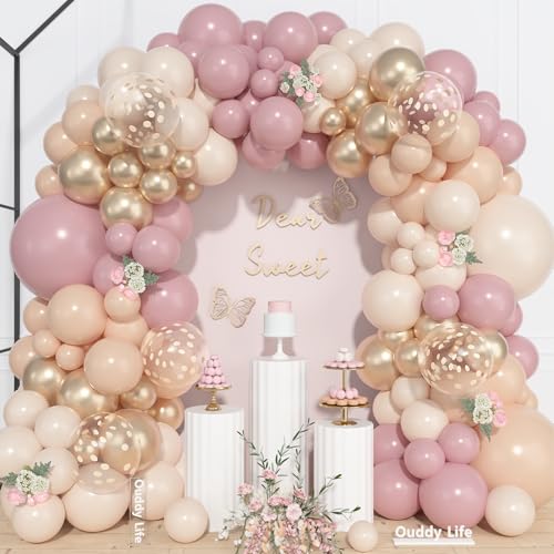 Image of Ouddy Life 157 Pcs Boho Dusty Pink Balloons Arch Garland Kit, Blush Pink Sand White Metallic Gold Different Size Balloon for Baby Shower Birthday Wedding Gender Reveal Mothers Day Party Decorations