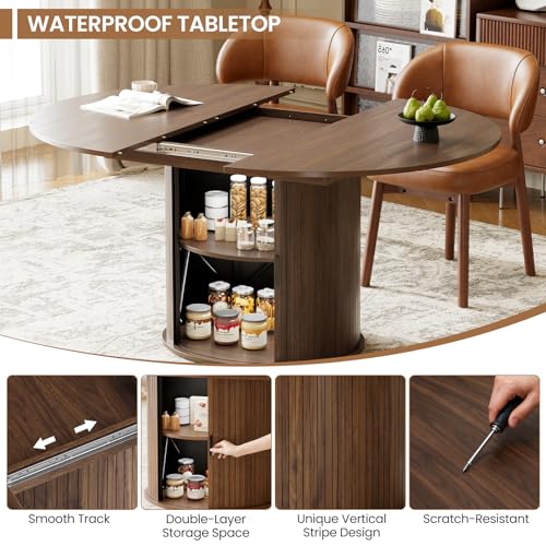 Image of MALOL 47 inch-63 inch Extendable Round to Oval Dining Room Table Chairs Set for 4-8, Modern Wooden Kitchen Table and Chairs with Hidden Storage and Fluted Design for Dining Room /Small Space(Walnut and Brown)
