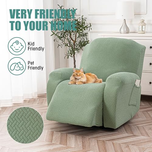 Image of Genina Recliner Chair Cover, Stretch Reclining Chair Covers, Recliner Sofa Slipcovers Stripe Jacquard Lazy Couch Covers Furniture Protector Covers for Pet Kid (Matcha Green, 1 Seat)