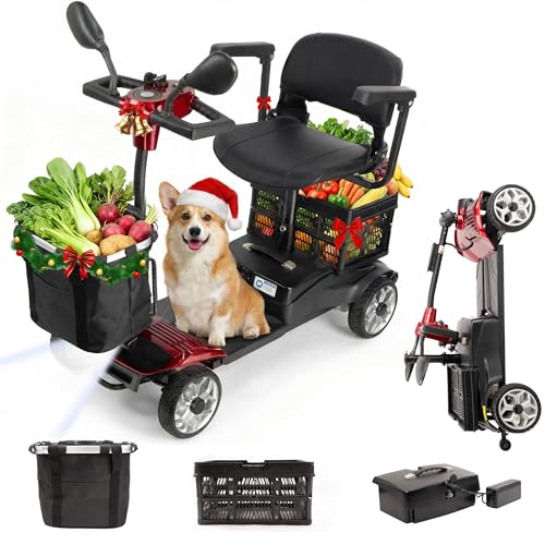 Image of 4 Wheel Mobility Scooter for Seniors & Adults, Foldable Portable Motorized Electric Scooters with Removable Battery for 15 Miles Travel, 330 LB Capacity, Dual Baskets & Rotating Seat (Red)