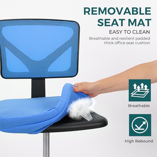 Image of DUMOS Small Office Chairs with Wheels, Ergonomic Adjustable Home Desk Swivel Rolling Task Chair No Arms, Comfy Mesh Mid Back Computer Work Vanity Desk Chairs for Small Spaces, Blue