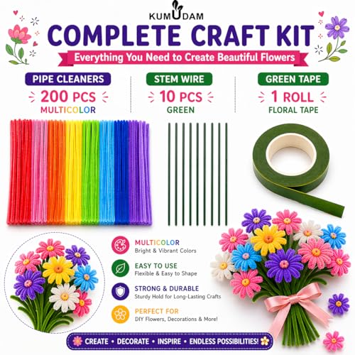 Image of Pipe Cleaners for Craft Flower Making,Fuzzy Chenille Stems and Fluffy Sticks with Floral Tape and Wire, for Kids Arts and Crafts|Random colors (pipe cleaners-200 /stem wire-10 /green tape-1)
