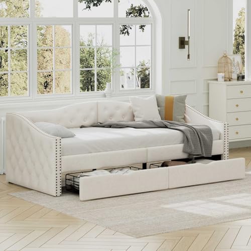 YEHTOKHOME Canapé-lit 90x200cm Multifonctionnel avec Deux tiroirs,Simple lit de Jour avec sommier à Lattes,Style Moderne(sans Matelas) (Beige)