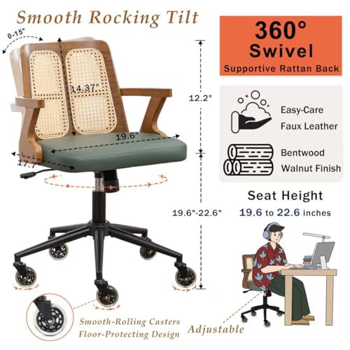 Image of Mid Century Modern Office Chair, Faux Leather Desk Chair with Rattan Back