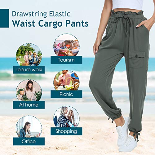 andy & natalie Women\'s Elastic Waist Cargo Drawstring Pants Paper Bag Pockets Ankle Tie Jogger Sweatpants Trouser Green