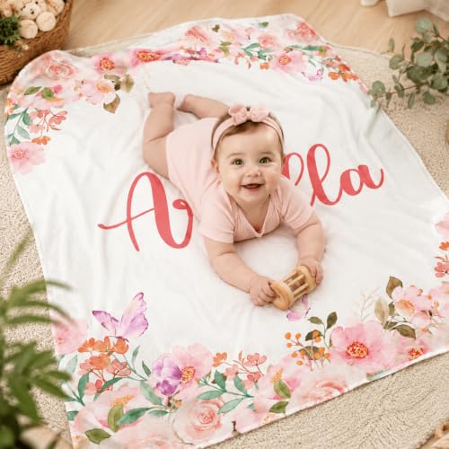 Image of Personalized Baby Blankets for Girls, Custom Blanket with Name, Personalized Baby Gifts for Birthday, Christmas, Baby Shower, Newborn Soft Flannel Floral Blankets Boy Girl Kids Gifts