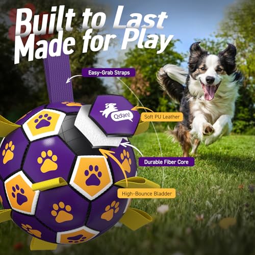 Image of QDAN Dog Ropes Toys, Soccer Ball with Straps, Interactive Dog Toys for Tug of War, Dog Water Toy, Durable Balls for Medium Large Dogs(8 Inch) | 8 Inch Soccer Toy with Straps, Dog Tug Toy for Tug of War, Puppy Birthday Gifts, Training Herding Balls for Outdoor