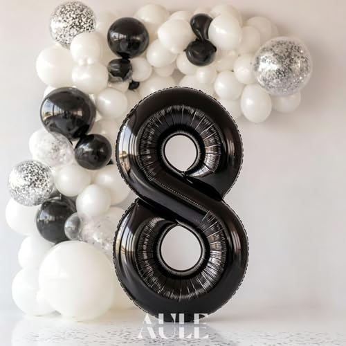 Image of AULE 40 Inch Big Black 8 Balloon Number Large Foil Helium Number Balloons 0-9 Jumbo Giant Happy 8th Birthday Party Decorations for Boy or Girl Huge Mylar Anniversary Party Supplies