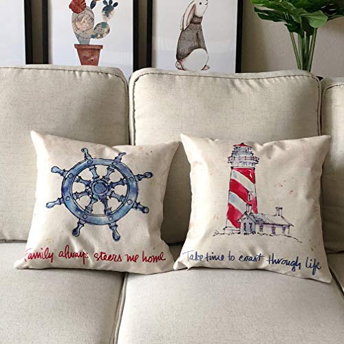 ULOVE LOVE YOURSELF Coastal Beach Throw Pillow Covers with Navigation Sailling Pattern Anchor-Lighthouse- Rudder-Life Buoy Nautical Cushion Covers Home Famaily Decorative Pillowcases 18”×18”,4Pack - Image 3