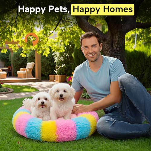 Image of Dog Bed Large - Plush Anti-Anxiety Calming Cushion for Dogs and Cats, Soft Fluffy Donut Cuddler, Multi XL - Ideal for Dog House