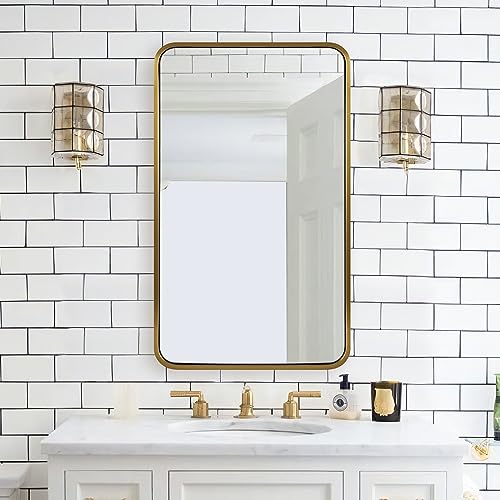 Andy Star 24X40 Inch Gold Bathroom Mirror, Rounded Rectangle Mirror, Brushed Brass Bathroom Vanity Mirror Oblong Mirror Metal Framed, Sus304-Anti-Rust, Wall-Mounted Horizontal/Vertical 1’’ Deep #TOP11