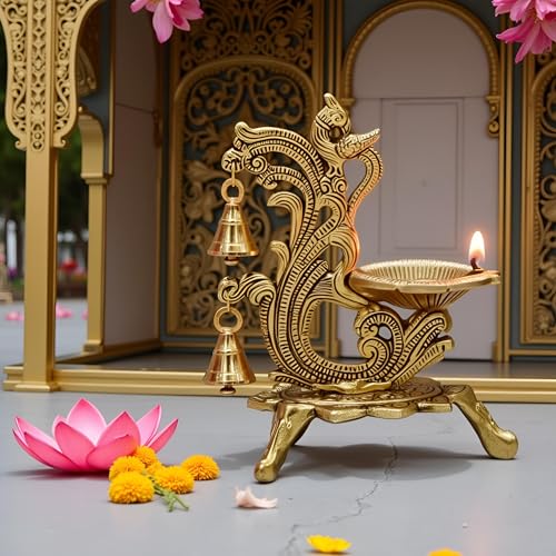 Image of Saudeep India Oxidized Metal Diya for Puja | Peacock Design Oil Diwali Lamp | Antique Akhand Diya for Temple, Home Decor, Pooja Room, Festivals (Gold, 14x9x20cm) (Pack of 1)