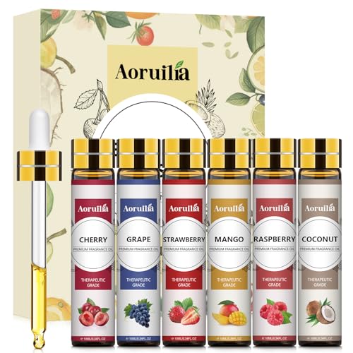 Aoruilia 6 x 10ml Fruity Essential Oils Set for Aromatherapy Diffuser Home Fragrance Relaxing Candle Making - Strawberry Coconut Raspberry Grape Mango Cherry