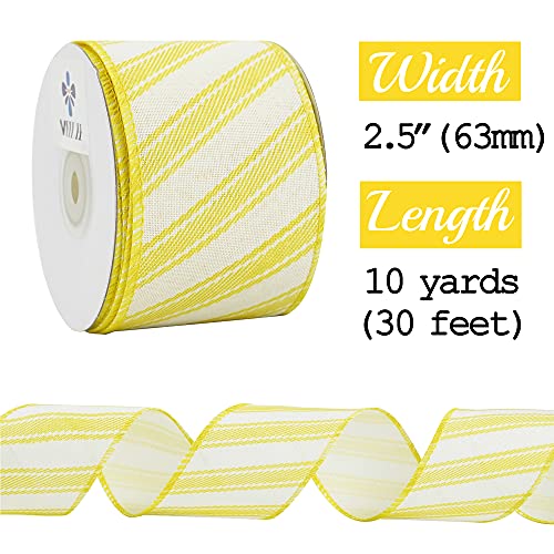Meedee Yellow And White Stripe Ribbon Christmas Wired Ribbon Yellow Diagonal Stripe Burlap Ribbon 2.5 Inch X 10 Yards For Crafts Christmas Tree Decoration Bows Making Gift Wrapping Home Decor #TOP1