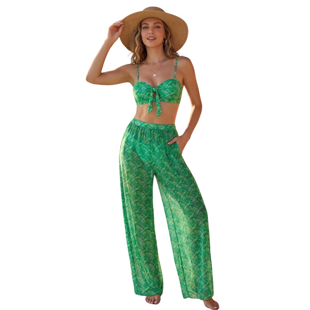 pleasing strings Women's 3 Piece Tropical Print Cami Bikini Swimsuit with Cover Up Pants-picture-33