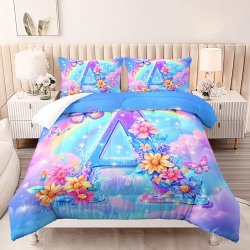 Image of AILONEN Full Sparkle Initial A Comforter Set, Rainbow Floral Butterfly Bedding, Pastel Cloud Decor, Glitter Look Microfiber Teens Gamer Cool Room