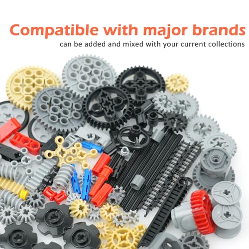 Image of BroTex Technical Parts Pieces Building Set Accessories, Gears Pins Connectors Wheels Axles Racks Differentials, Engine Kits Cars Compatible Major Brands