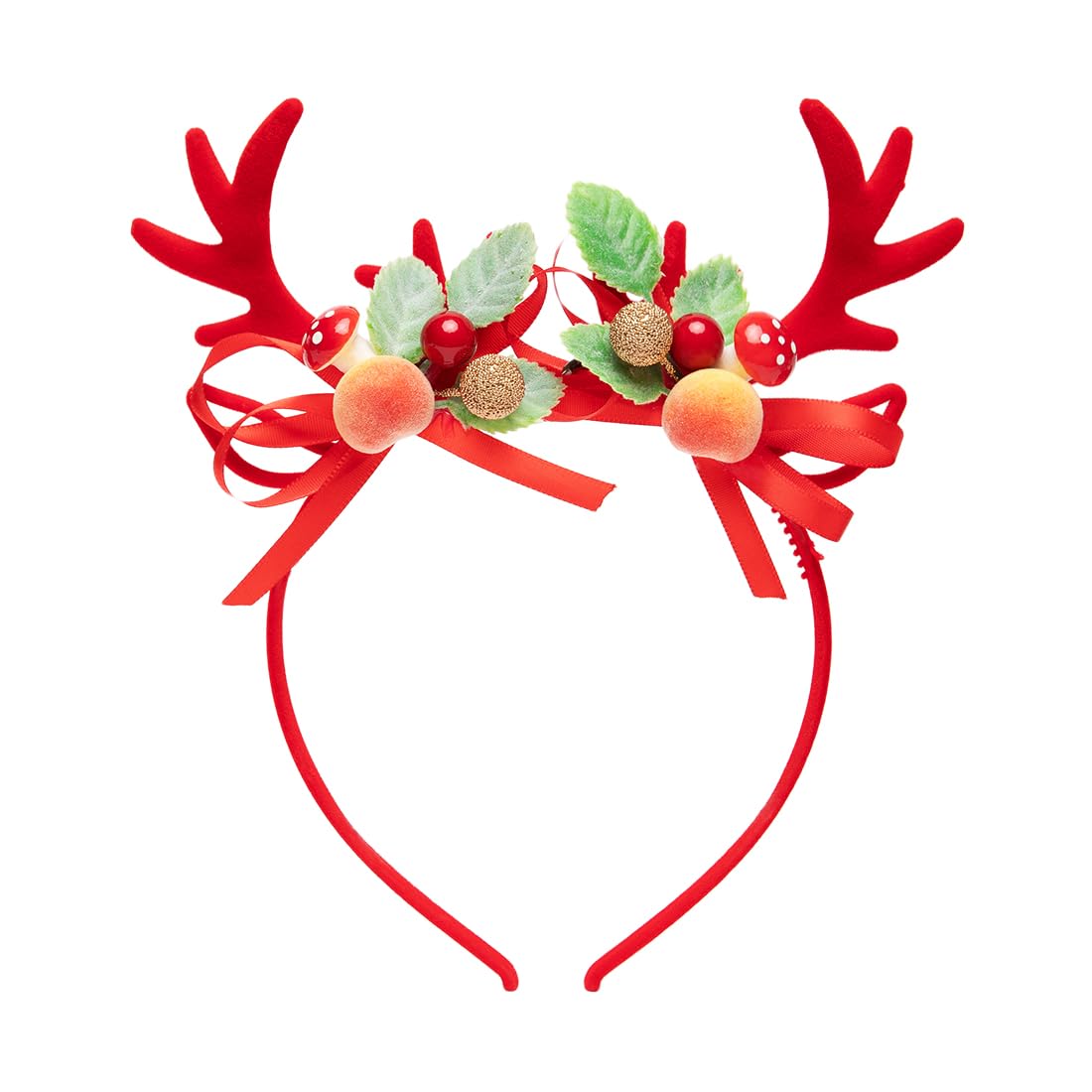 Reindeer Christmas Headband for Women | Red Antler Hairband | Festive Holiday Hair Accessories with Peach, Berries, Leaves, & Glitter Balls | Xmas Party Accessory