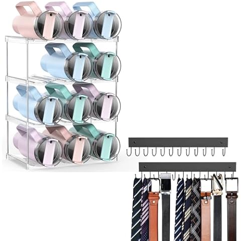 【Upgraded Larger】 Water Bottle Organizer for Stanley 40 oz Tumbler with Handle,Belt Hanger Wall Mounted, Wooden Belt Organizer 2 Pack Max 24 Storage Capacity Cover