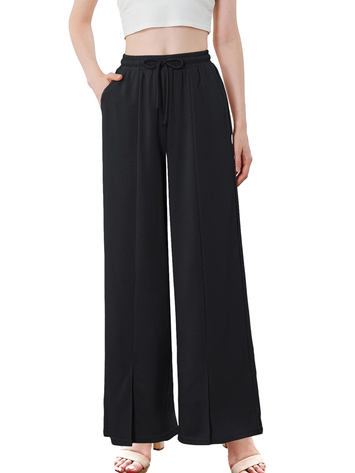 Womens Casual Split Pants Wide Leg Drawstring High Waist Lounge Trousers with Pockets
