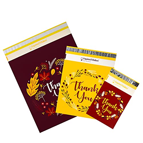 Image of Inspired Mailers - Poly Mailers Variety Pack of 30 (10 each: 6x9, 10x13, 14.5x19 Sizes) - Autumn Thank You Poly Mailers - Packaging Envelopes