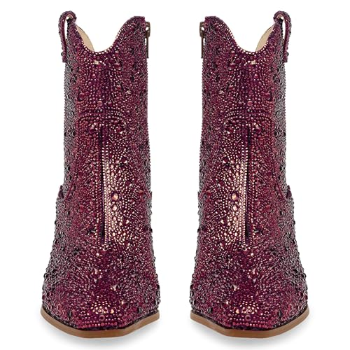 LEHOOR Women Rhinestone Western Cowboy Ankle Boots Glitter Chunky Stacked Heel Cowgirl Booties Pointed Toe Short Boot Shoes Side Zipper 2 Inch Block Heels Sparkly Studded Fashion Ladies 4-11 M US3