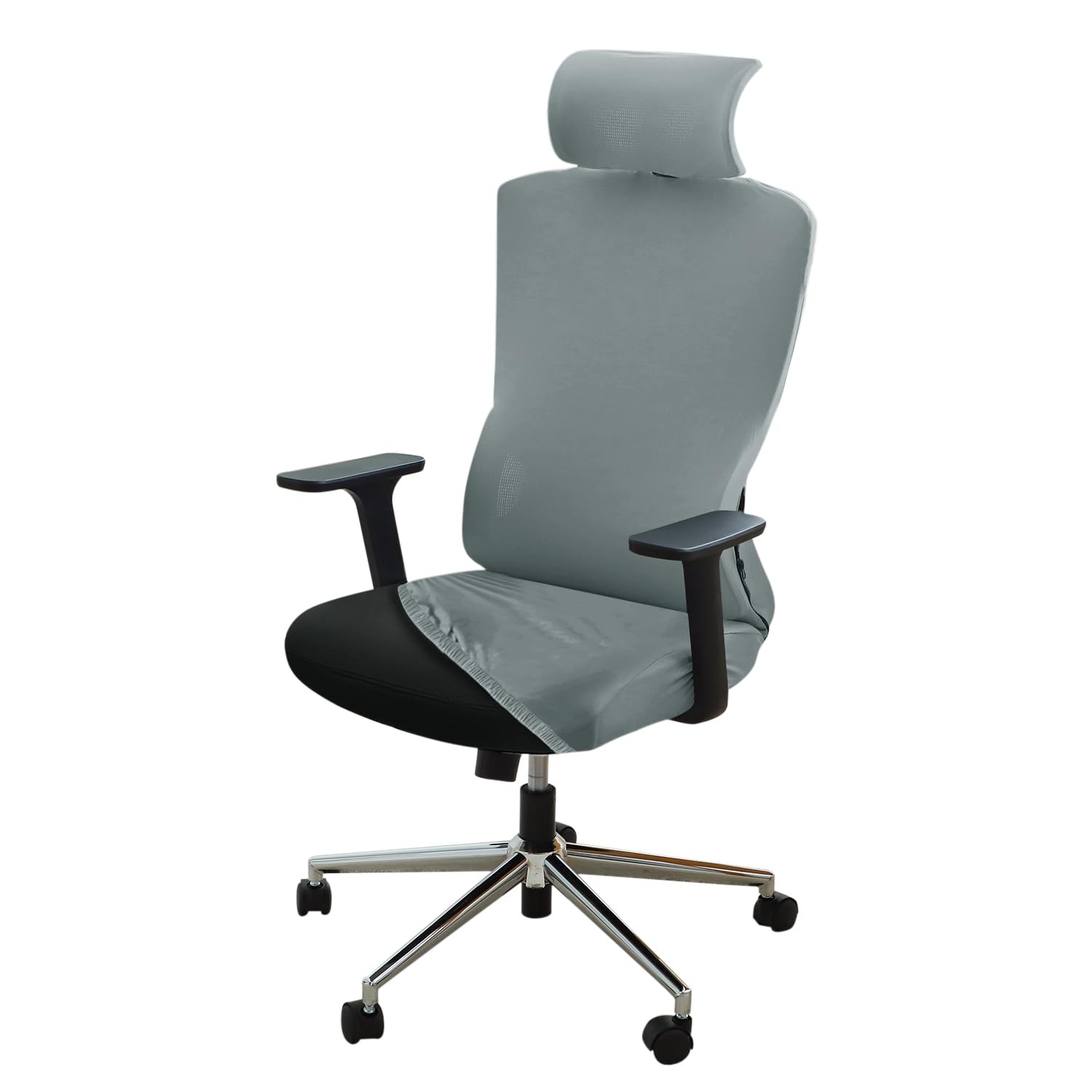 HOKIPO 'SereneSolids' 140 GSM Office Chair Cover with Headrest (High-Back) – 140 GSM Stretch Fabric – Washable, Anti-Slip Fit for Ergonomic Mesh Office Chairs, Smokey Grey (AR-5369-SGRY)