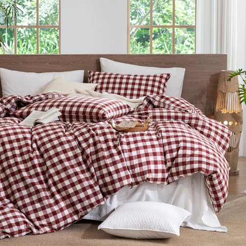 Image of MooMee Gingham Duvet Cover Set 100% Washed Cotton Linen Like Textured Breathable Durable Soft Comfy Modern Checkered Design (Buffalo Plaid Fired Brick Red, King 104 inchx90 inch)