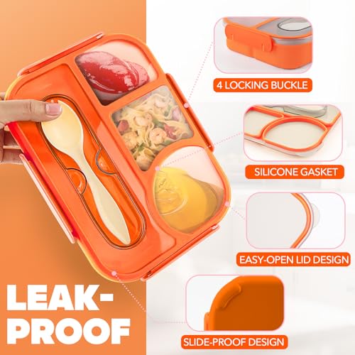 Image of EASYFUN Bento Box Adult, Lunch Box, 4-Compartment Lunch Containers, Drop-Proof, Dishwasher Safe & Made with BPA-Free Materials (Orange)