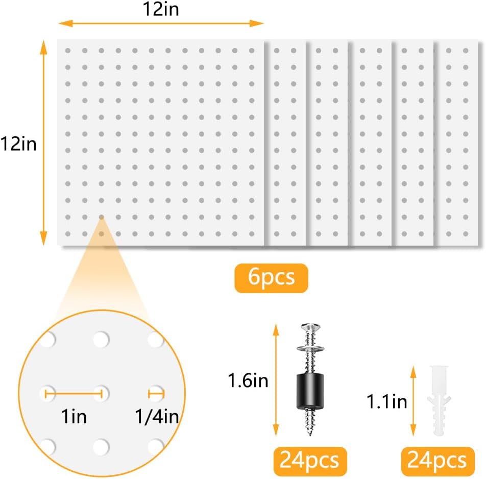 6Pcs Pegboard, Peg Board, Metal Pegboard Wall Organizer Panels Accessories, Mount Display Pegboard Kits for Walls Garage Craft Room Office Workshop, Easy Installation (White)