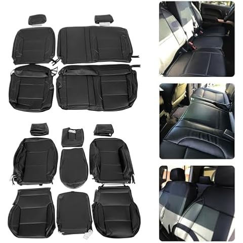 Kojem Artificial Leather Seat Cover Kit Compatible with 2014-2018 Chevy Chevrolet Silverado LT Double Cab Full Car Seat Protector Black Cover