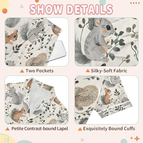 senya Squirrel Eat Leaves Satin Summer Pajama Sets Silk Short Sleeve Button Down Sleepwear3