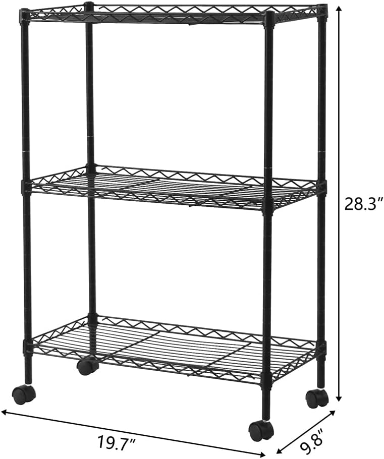 3 Tier Storage Racks Shelving, Heavy Steel Pantry Shelves, Adjustable Wire Shelving Rack with Wheels, Suitable for Garage, Kitchens, Offices, 19.7" W x 9.8" D x 28" H, Black