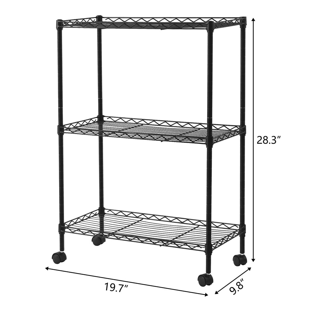 Scaffali regolabili in metallo a 3 ripiani su ruote, versatile scaffalatura in filo metallico per cucina, garage e dispensa, compatta, 40 cm x 22 cm x 71 cm, finitura nera