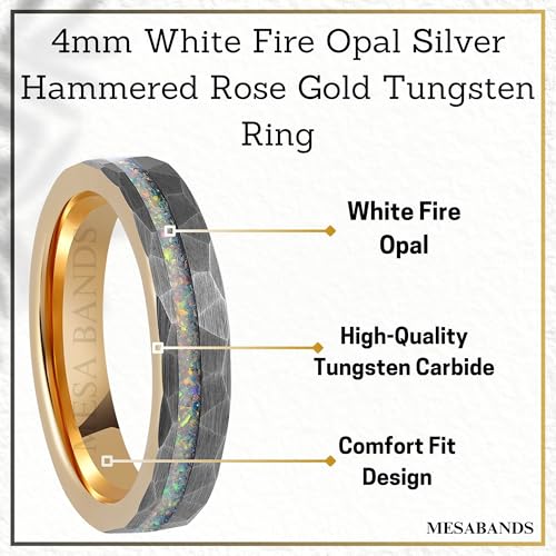 Women's Wedding Ring 4mm Silver Hammered Rose Gold Tungsten White Fire Opal Inlay – Comfort Fit Womens Wedding Band with Antique Wooden Ring Box2