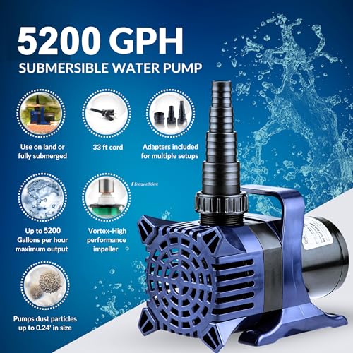 Alpine Corporation PAL5200 Bomba Sumergible de Agua 5200 GPH con Motor Silencioso de 426W, Elevación Máxima 25 pies, Flujo Multiangulo para Estanques, Cascadas y Fuentes, Durable y Eficiente (Azul) miniatura 6