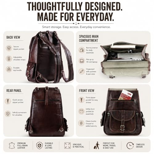Image of Handmade World Full Grain Leather Backpack for Men - 18 Inch Laptop Bag, Handmade Real Leather, Business Travel Work Backpack