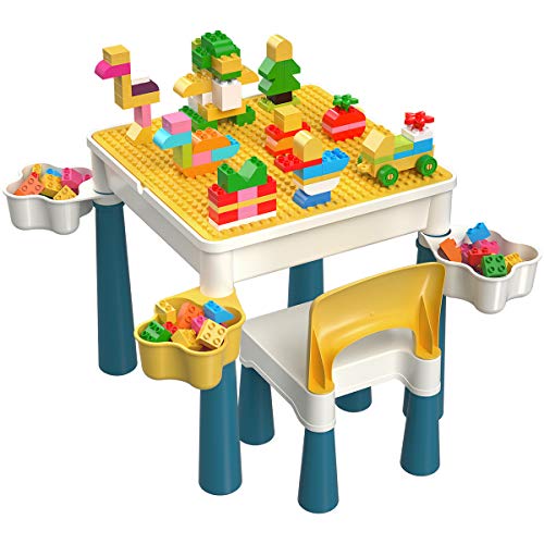 burgkidz Juego de Mesa y Silla para Niños con 130 Piezas de Juguetes de Bloques de Construcción Grandes para Niños y Niñas, Ladrillos de Creatividad Compatibles con Todas Las Principales Marcas