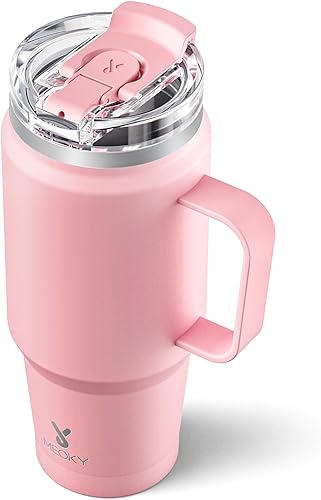 Miniatura 32 de Meoky Vaso de 32 onzas con asa, vaso aislado con tapa y popote, taza de viaje de acero inoxidable, 100% a prueba de fugas, mantiene el frío durante