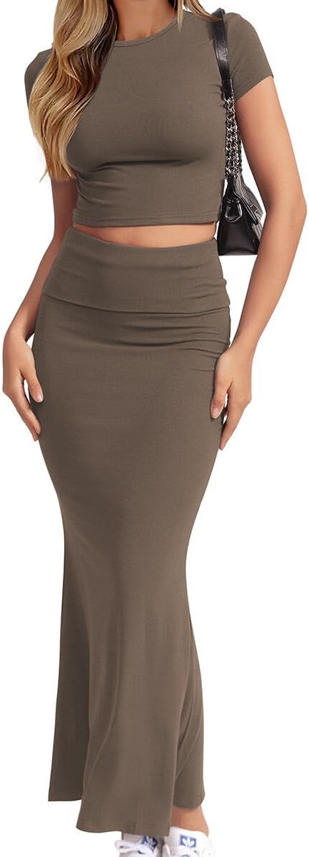 CHYRII Womens Two Piece Sets Short Sleeve Crewneck Cropped Top Bodycon Fold Over Maxi Skirt Maxi Dress Outfit