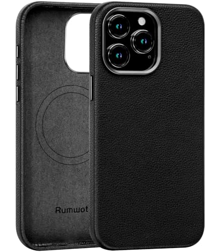Image of Genuine Leather Case for iPhone 15 Pro Compatible with Magsafe Black | Non-Slip Pebbled Leather, Stylish, Slim Fit, Super Magnetic, Compatible with Wireless Charging, Metal Buttons, Camera Bezel