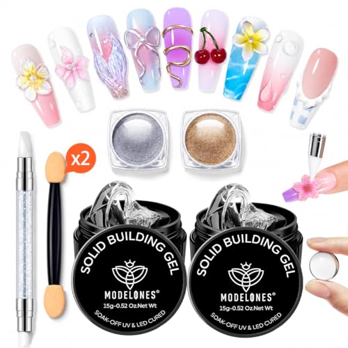 Image of modelones 3D Gel Nail Art Kit, Non-Sticky Solid Builder Sculpting Gel for Nail Art Molding & Extensions with Chrome powder for Beginner DIY or Salon Spring Nails at Home Cured Needed