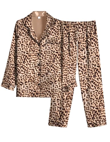 Ekouaer Women Satin Pajamas Set Classic Button Down Long Silk Pjs Set,Medium,Leopard