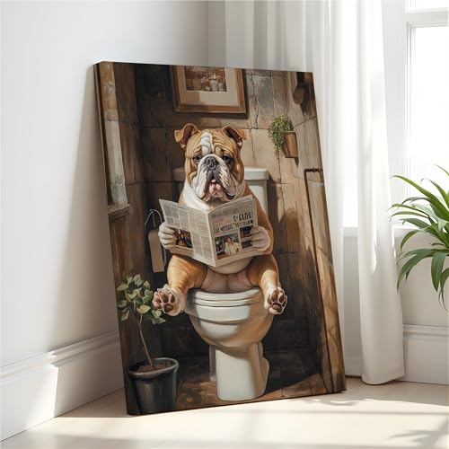 Image of Bulldog on Toilet Wall Art Print Canvas Wrapped, Dog Bathroom Humor Decor Posters Prints for Restroom Home Picture Painting Artwork Gallery 7 (Bulldog, 20 inchL x 16 inchW CANVAS, Wrapped Canvas)