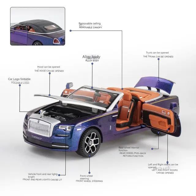 Image of Scale Exclusive Alloy Metal Pull Back | Die-cast Car Model with Sound Light Mini Auto Toy for Kids Metal Model Toy Car with Sound and Light (1.24 Scale- Rolls ROICE Down-Blue)