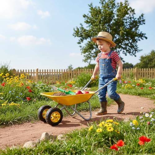 Image of Kids Gardening Tool Set Wheelbarrow 2 Wheel Metal Wheelbarrow Toys (Yellow) | Children Toddler Wheelbarrow Birthday Gift for Kid Wheel Barrow All Seasons Digging Weed,Sand,Sweeping Leaves,Snow