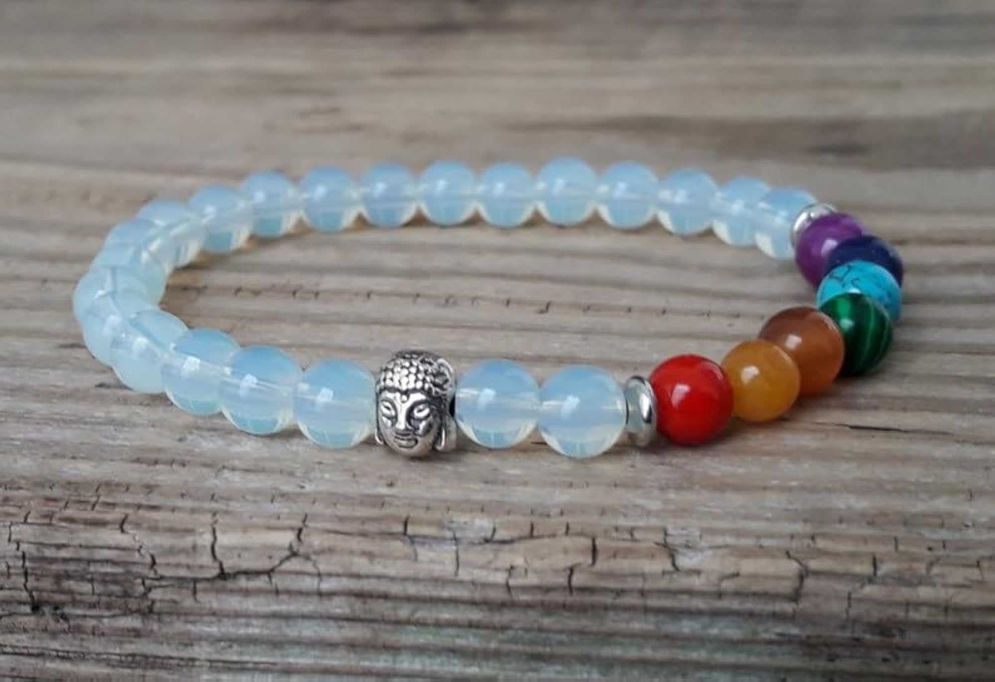 Natural 7 Chakra & Rainbow Moonstone Gemstone Stretch Bracelet, Unisex Healing