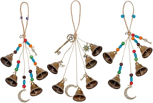 OLYCRAFT 3 Pcs Witch Bells & Keychain Hangers - Moon Key Wiccan Bells Decor with Wood Beads Wind Chimes for Home Decor - 11.8 Inch