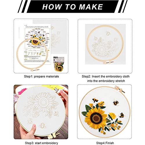 Lukinbox Embroidery Kits For Beginners Adults, 3 Sets Embroidery Starter Kit Include 3 Stamped Embroidery Clothes With Floral And Bee Pattern, 1 Embroidery Hoop, Threads, Needles #TOP4