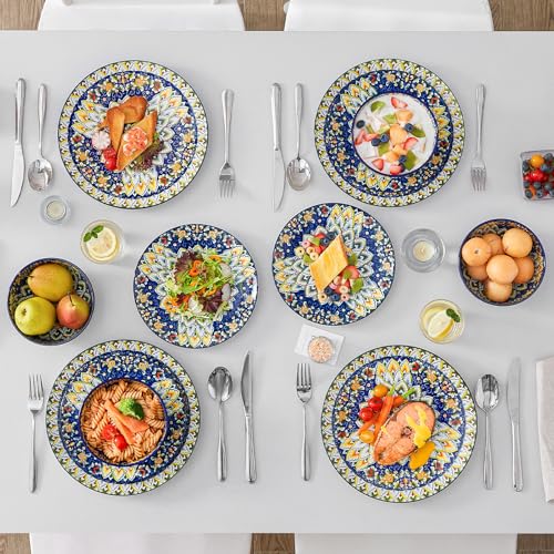 Image of vancasso 12 Pieces Dinnerware Sets, Blue Plates and Bowls Set, Porcelain Dishes Set for 4, Microwave and Dishwasher Safe, Scratch Resistant, Bohemian Style Dining Ware Service for 4, Series SIMI
